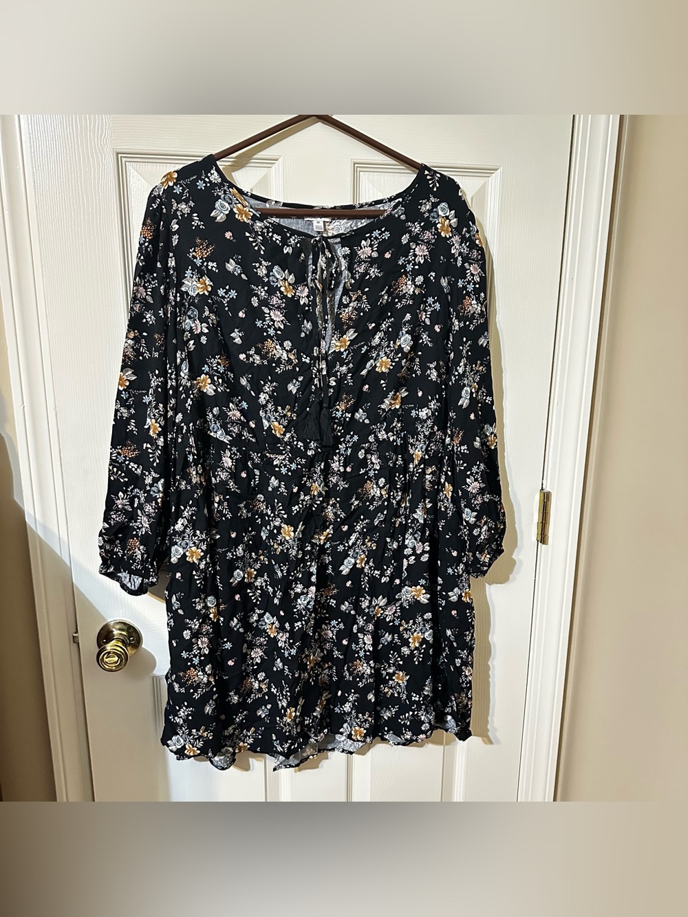 Floral Tie-Neck Peasant Tunic Black with Mustard & White Flowers